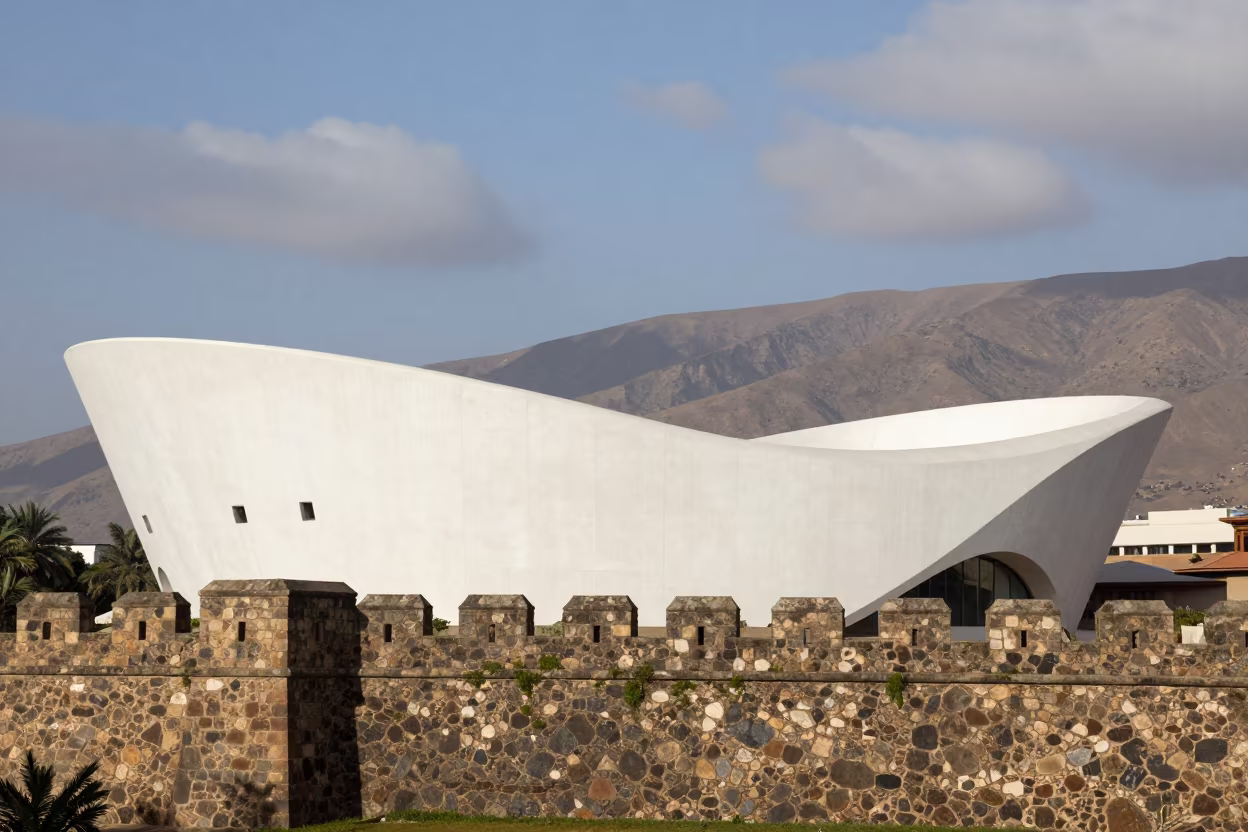 Parametric Museum Facade Against Eritrean Fortress Wall in outside a wind-scoured fortress wall in Eritrea
