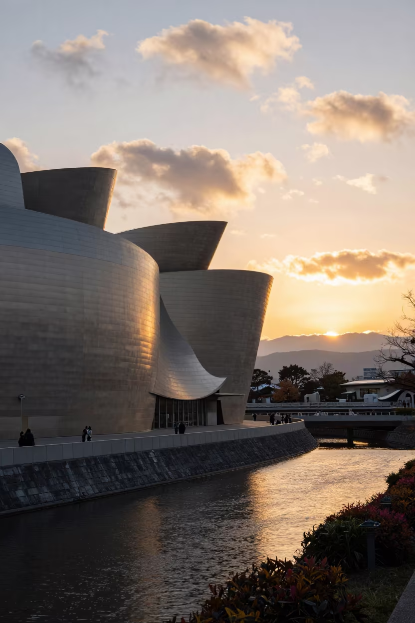 Parametric Museum Facade Kamakura Golden Hour in beside a canal-front facade in Kamakura