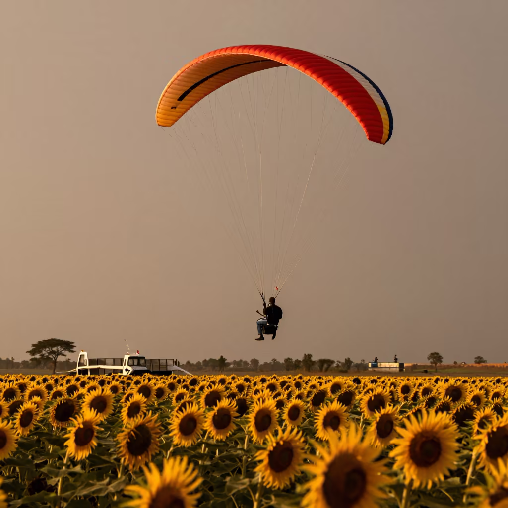Paramotor Hovering Over Sunflower Field in across a remote ferry crossing near N'Djamena