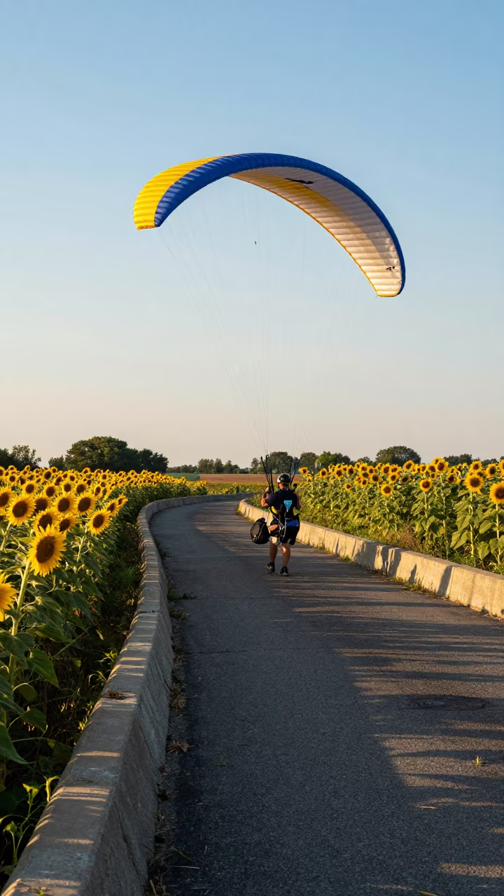 Paramotor Hovering Over Sunflower Field at Dusk in on a wind-open causeway in Rhode Island