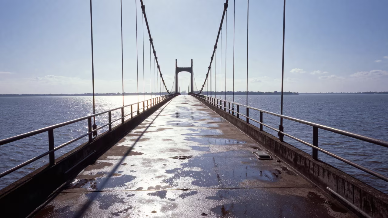 Paraná Bridge Deck Shining After Storm in beside a bridge pier above moving water in Paraná