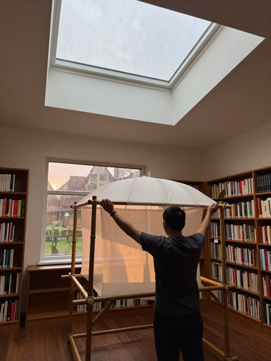 Parasol Maker Stretches Silk in Library in in a library reading room in Kingston
