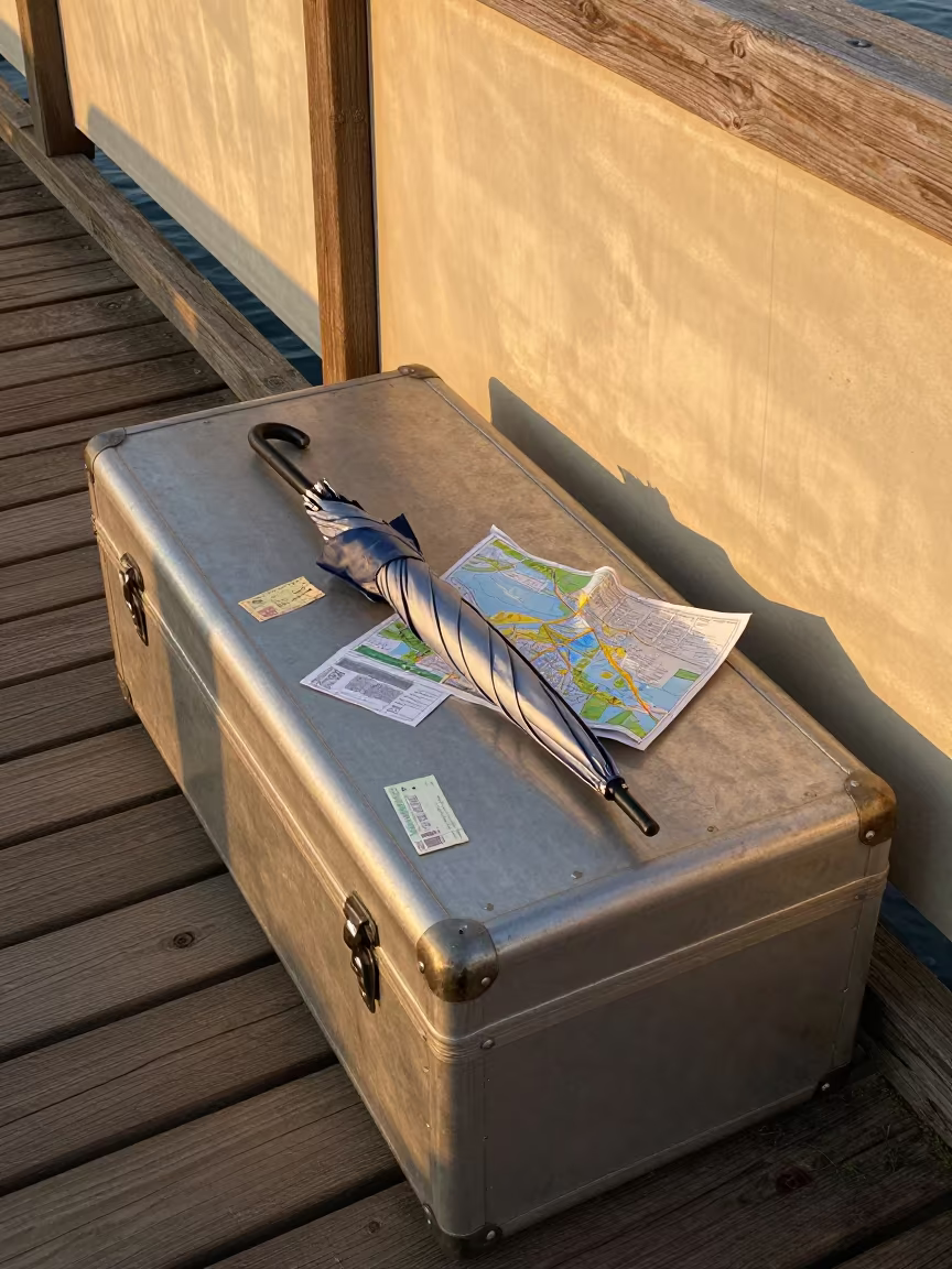 Parasol and Maps on Algiers Pier Trunk Lid in on a pier railing in Algiers
