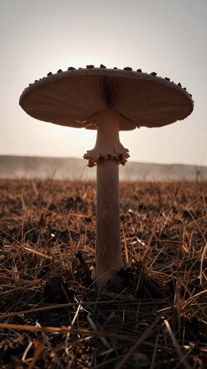 Silhouetted Parasol Mushroom in Tajikistan Meadow in in Tajikistan