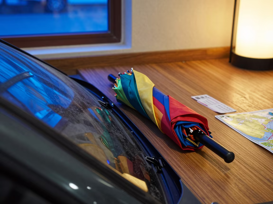 Parasol and Stubs on Trunk Lid in Izmir in on a wooden workbench in Izmir
