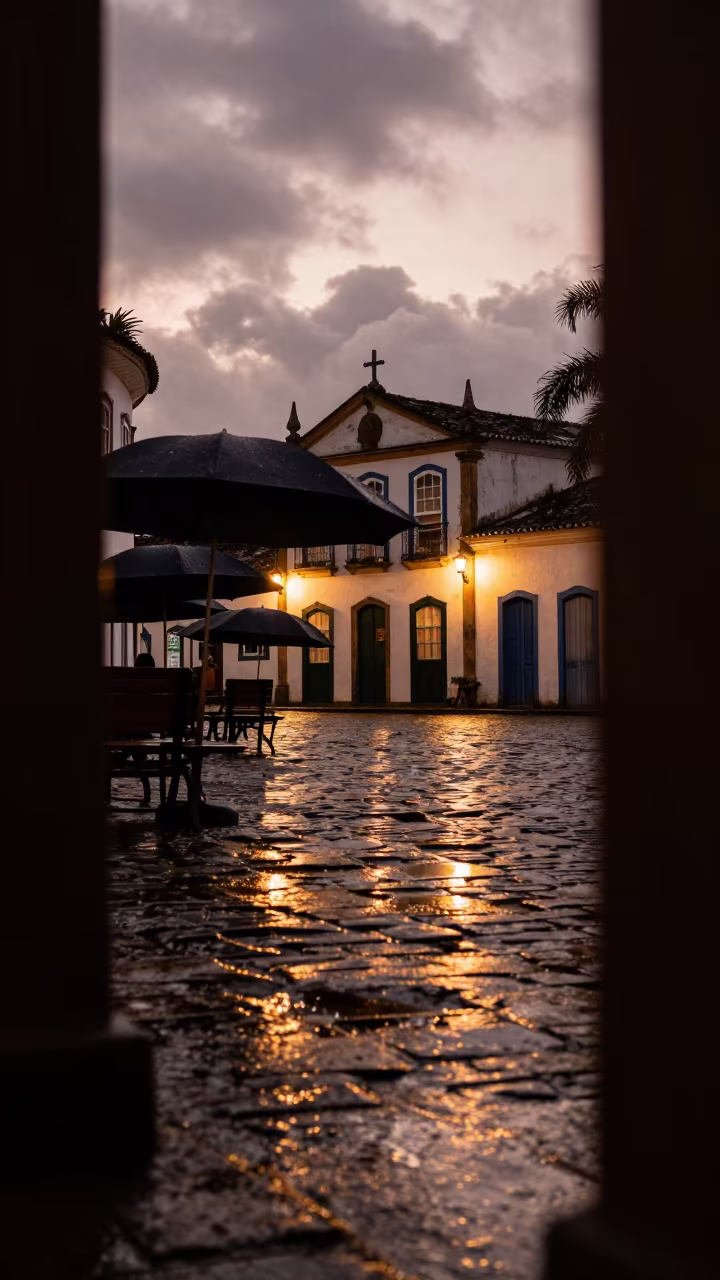 Paraty Puddle Reflections Theater Lights Umbrellas in outside a corner cafe in Paraty
