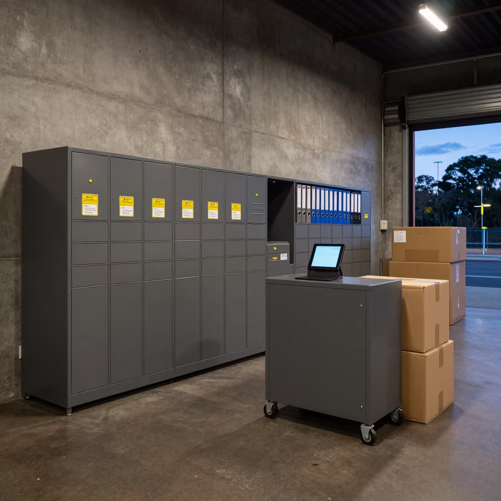 Parcel Locker Key Case at Sydney Fulfillment Station in at a fulfillment packing station near Chippendale, Sydney