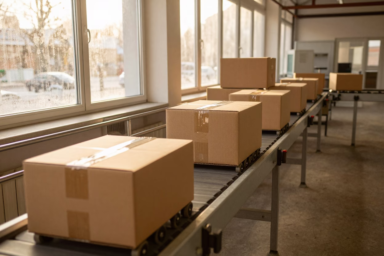 Parcels on Conveyor in Bucharest Dispatch Office in inside a dispatch office above the dock in Bucharest