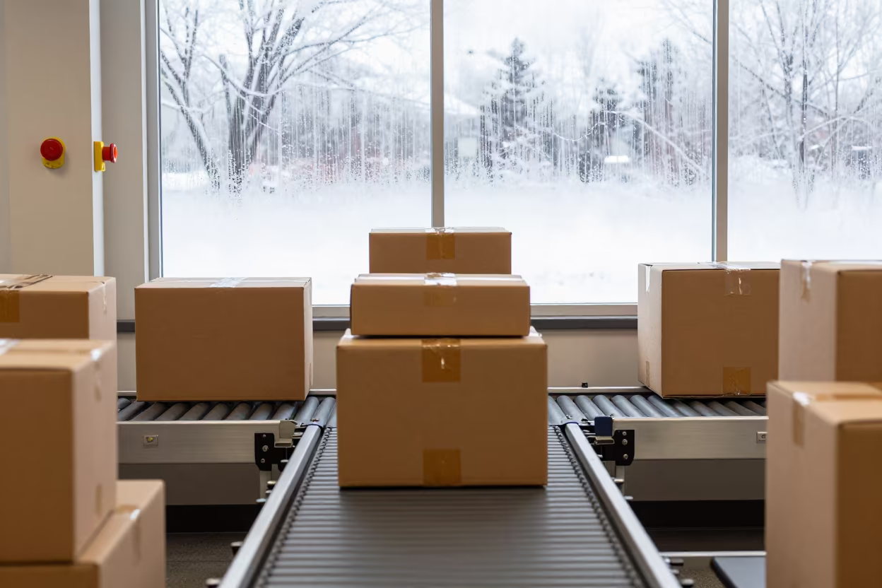 Parcels Move Past Red Stops on Conveyor in inside a dispatch office above the dock near Winnipeg