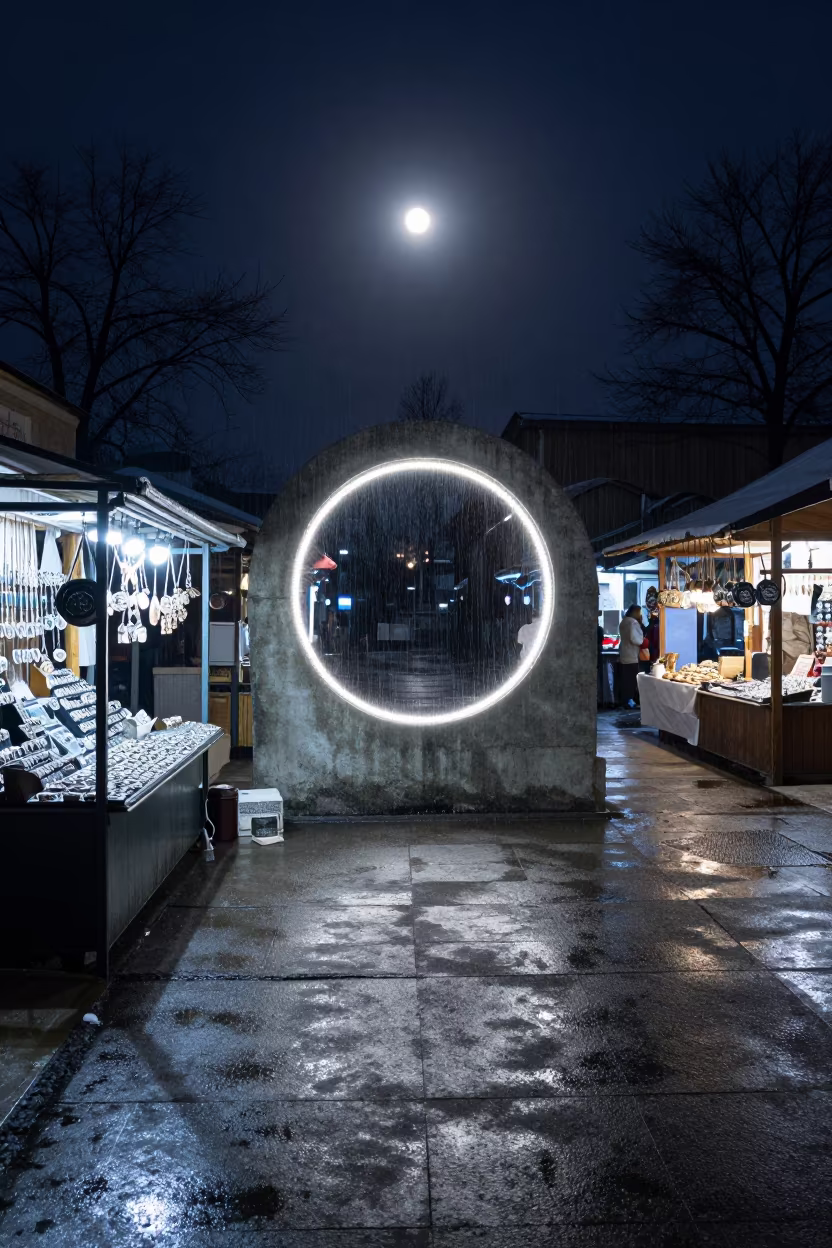 Parhelic Circle Ring Around Winter Sun in Kyiv Bazaar in at a jewelry counter inside a covered bazaar in Kyiv