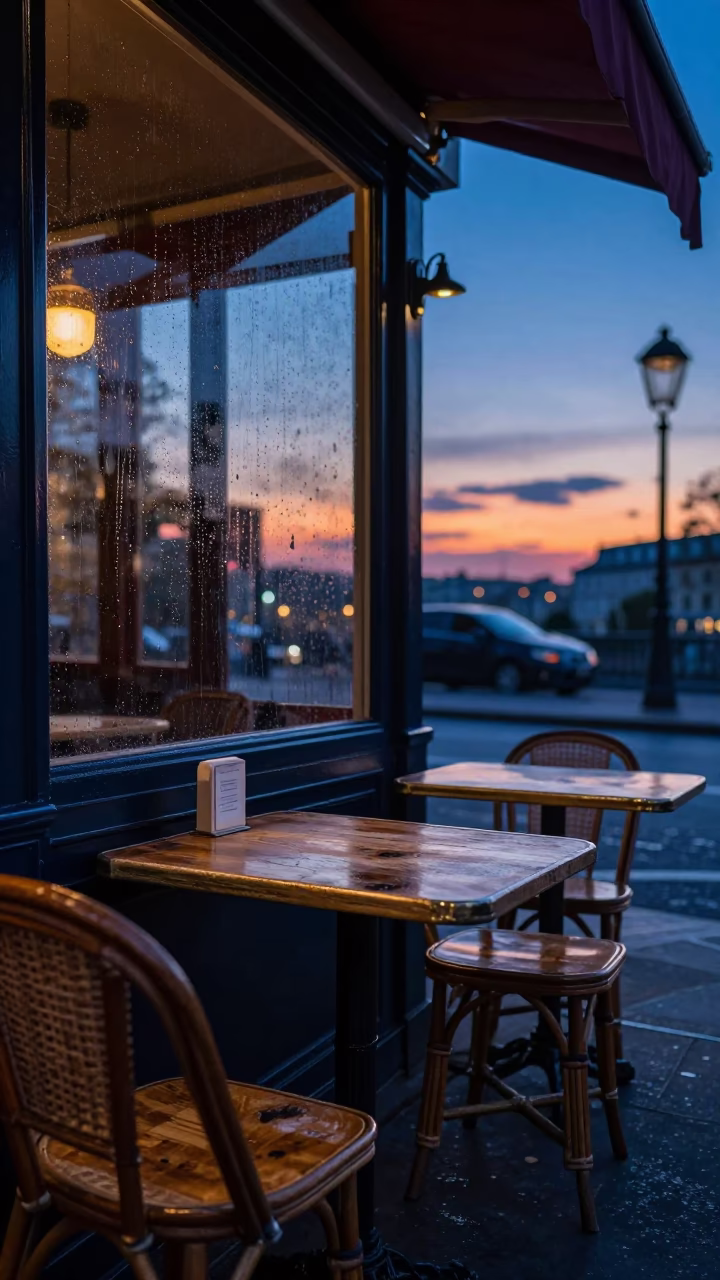 Paris Bistro Table at Indigo Twilight After Sunset in in Paris, France