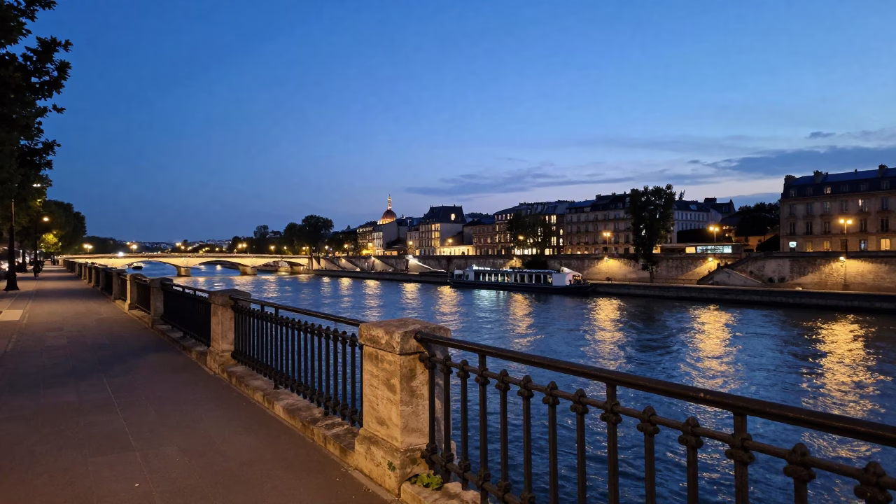 Paris Blue Hour Seine Riverbank View with Iron Railing and City Lights in in Paris, France
