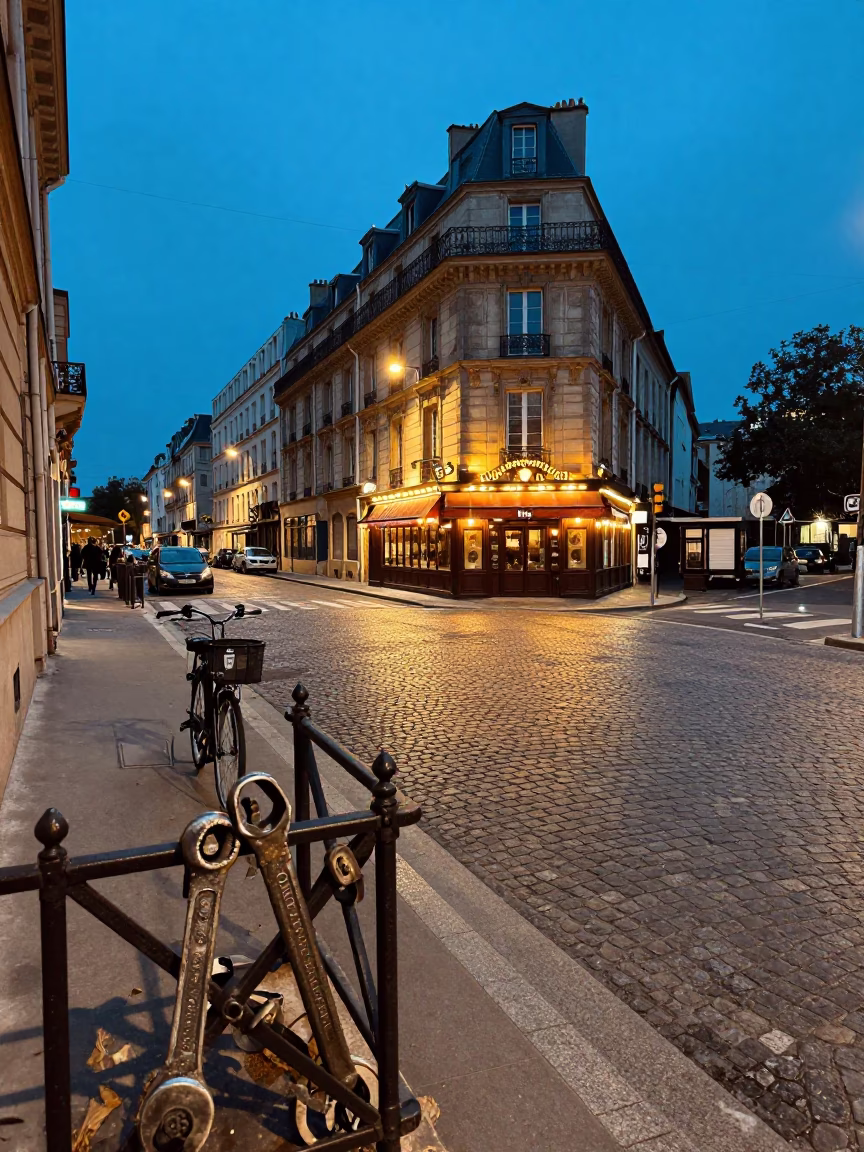 Paris Blue Hour Street Scene with Vintage Wrench and Substation Fence Dew in in Paris, France