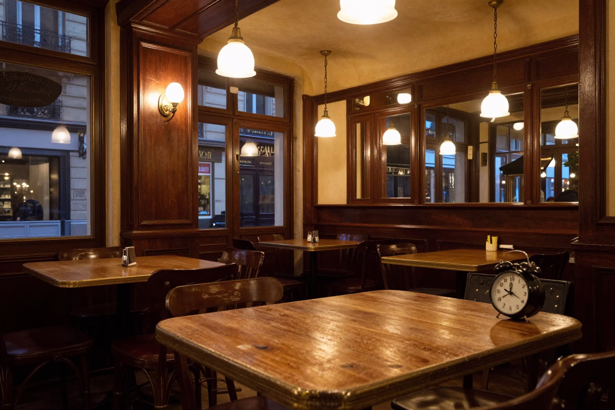 Paris Cafe Interior at Midnight Light in in Paris, France