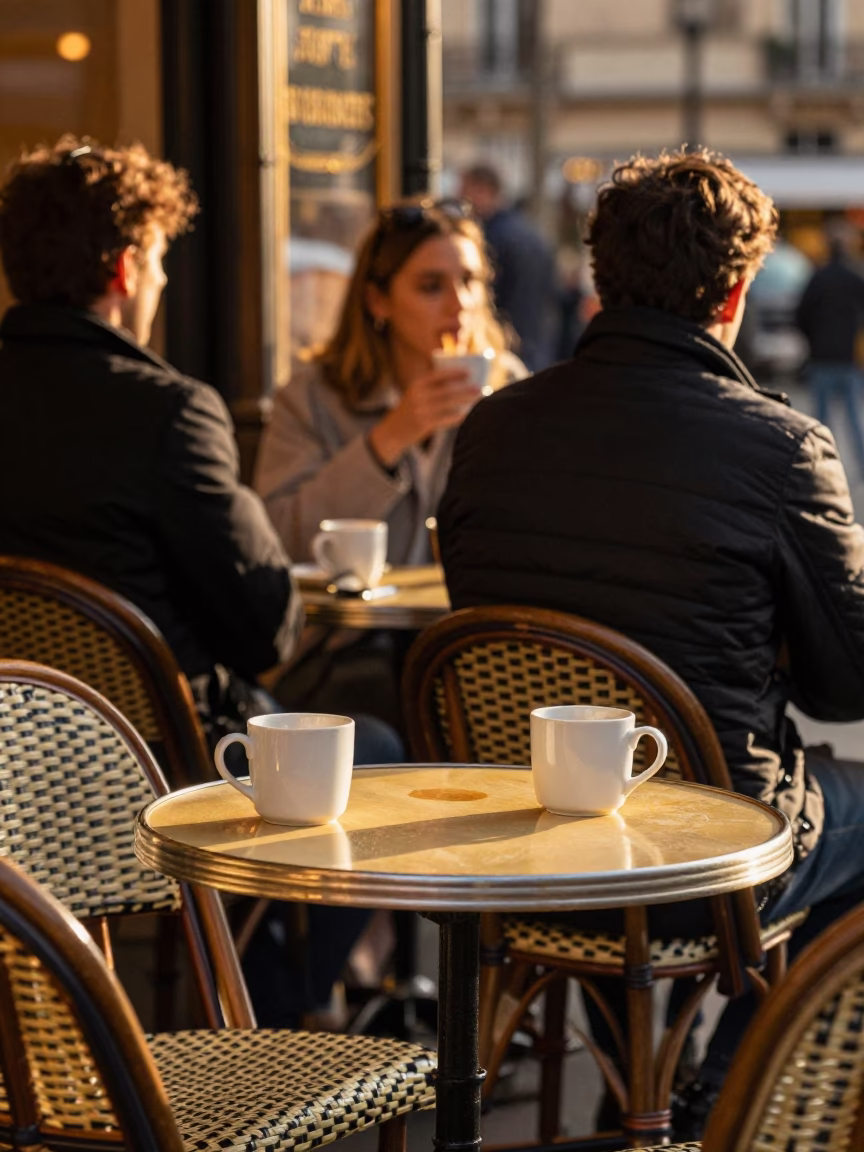 Paris Cafe Table at Honeyed Evening Light in in Paris, France