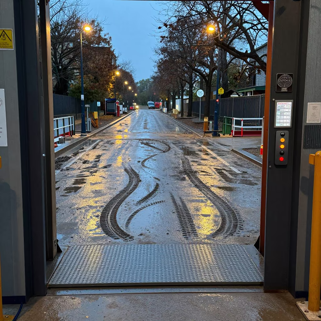 Paris Construction Elevator Gate Rainy Evening in at a muddy site access road in Paris