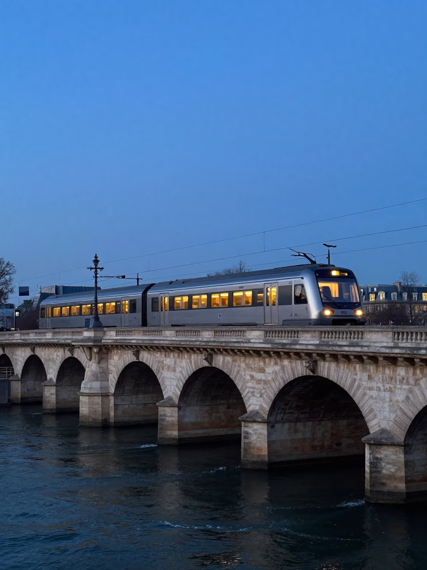 Paris Crossing Bridge at Sunrise Light in in Paris, France
