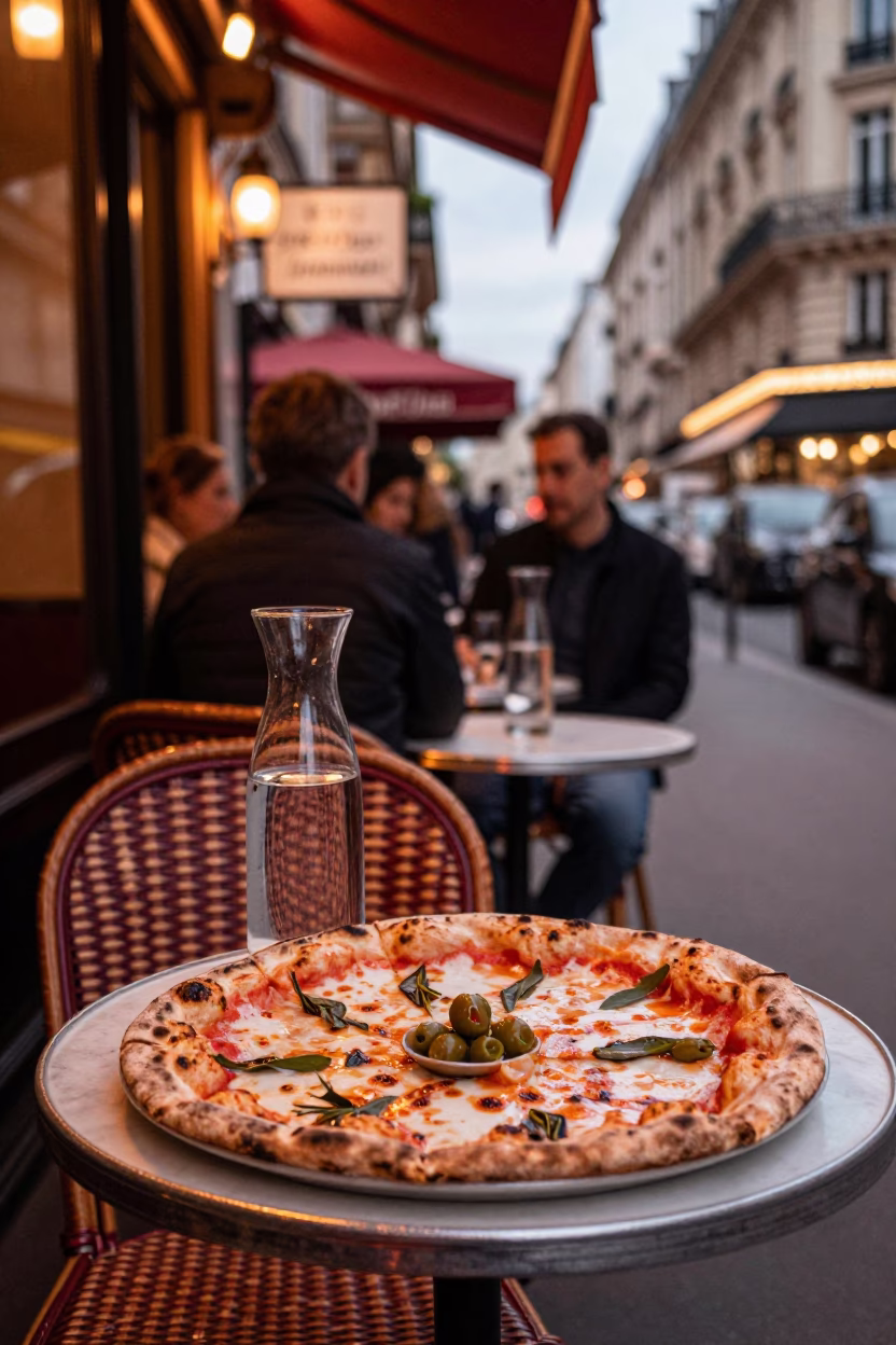 Paris Dish Pizza at Copper-toned Light Before Dusk in in Paris, France