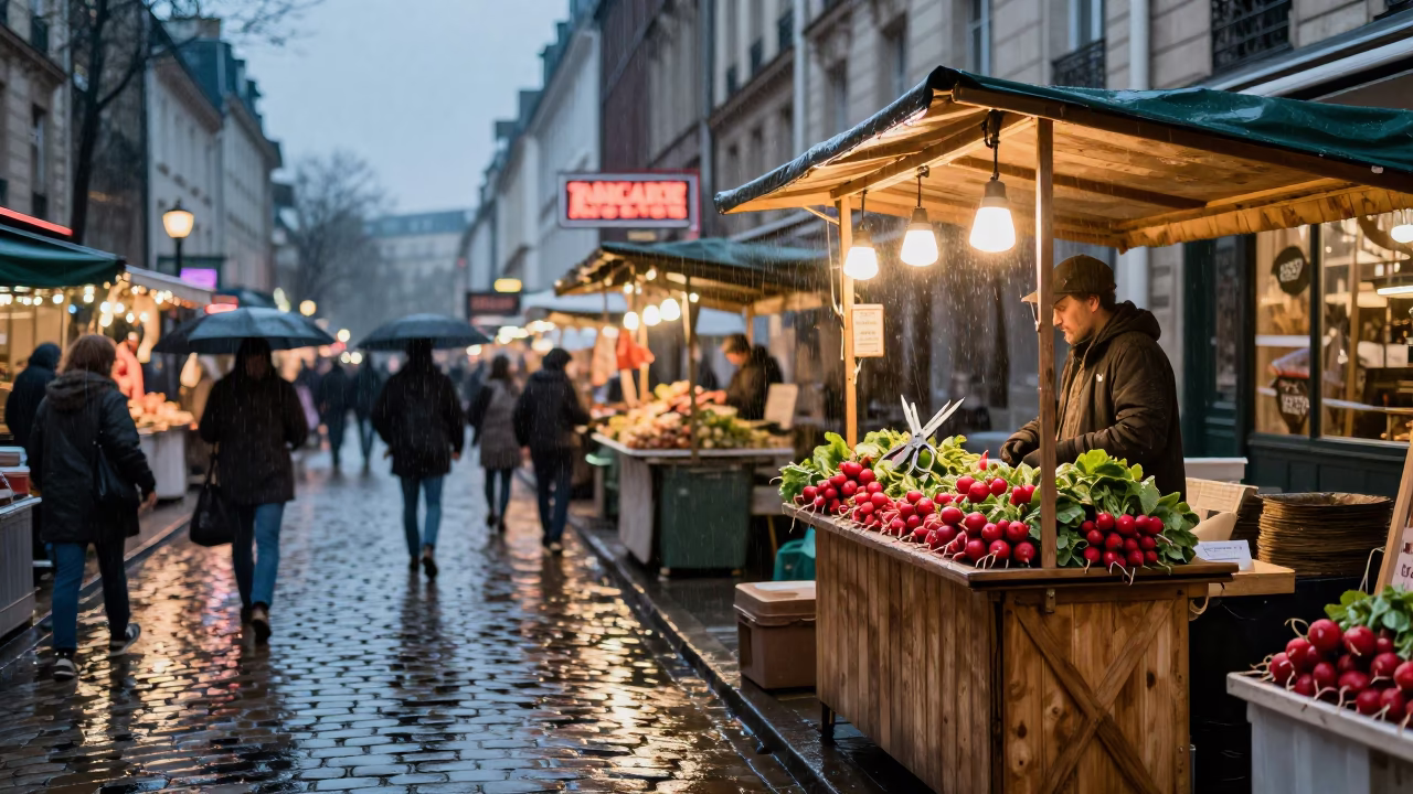 Paris Dusk Rain Tailor Shears and Radishes on Market Stall in in Paris, France