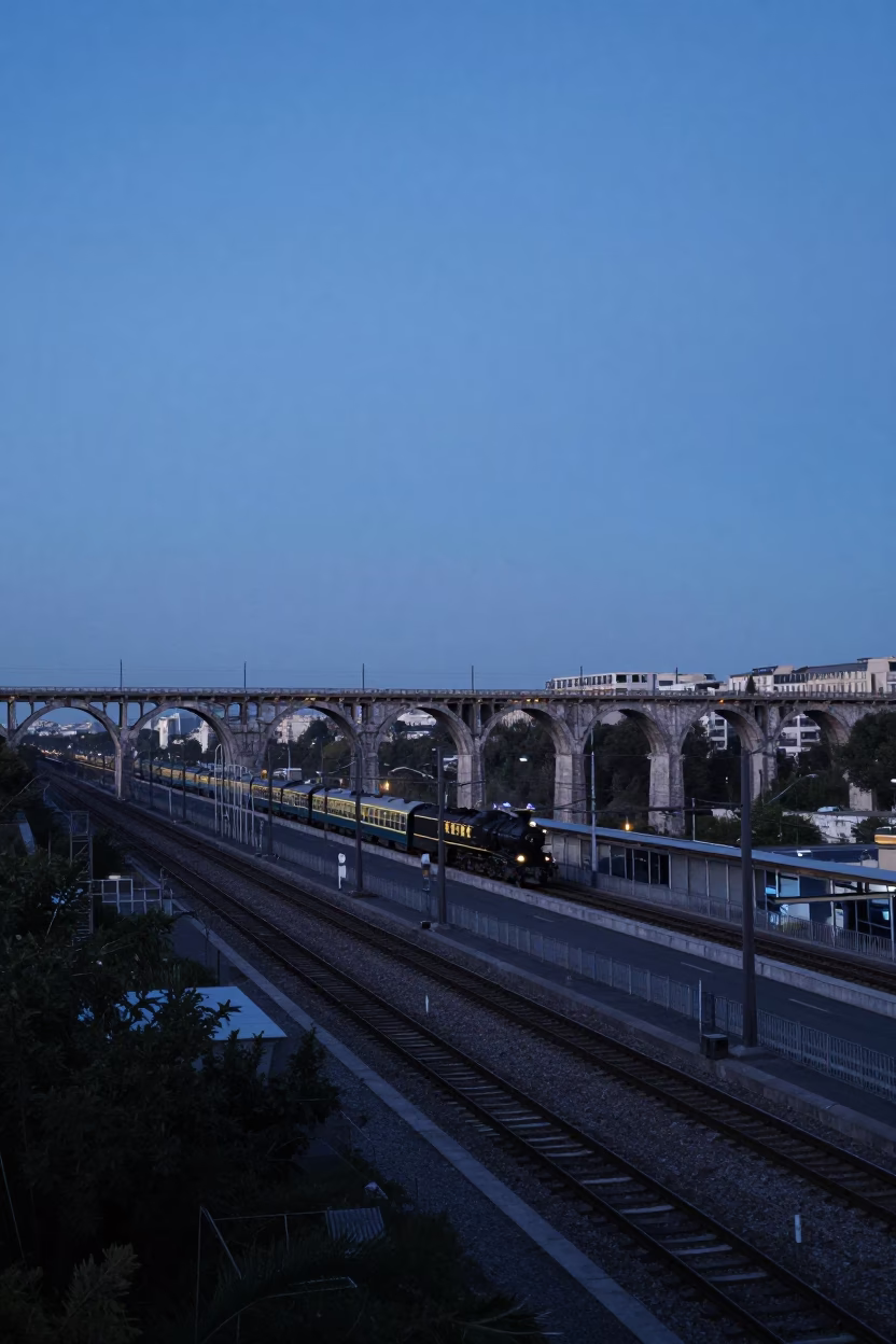 Paris Evening Blue Hour View of Railway Viaduct and Orange Cat in in Paris, France