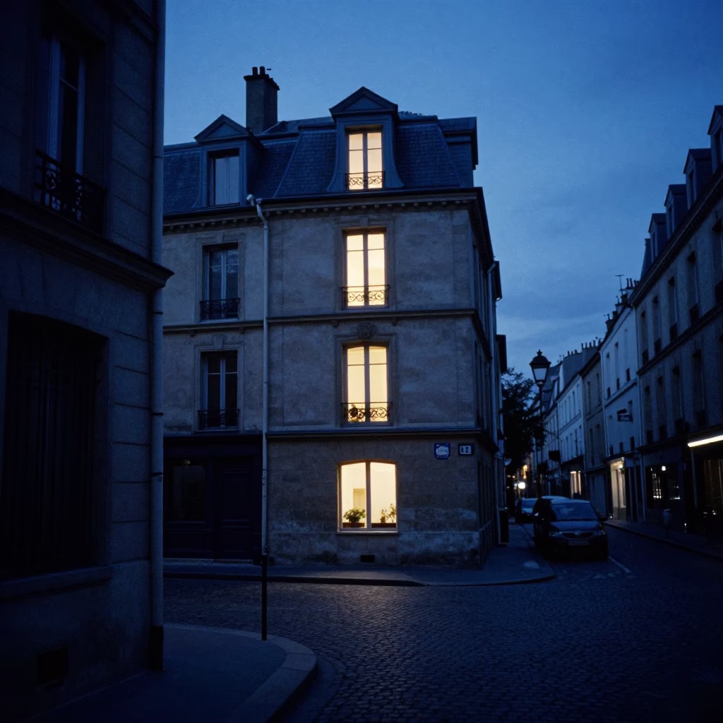 Paris Evening Blue Hour Window Light on Shelf with Sewing Tool in in Paris, France