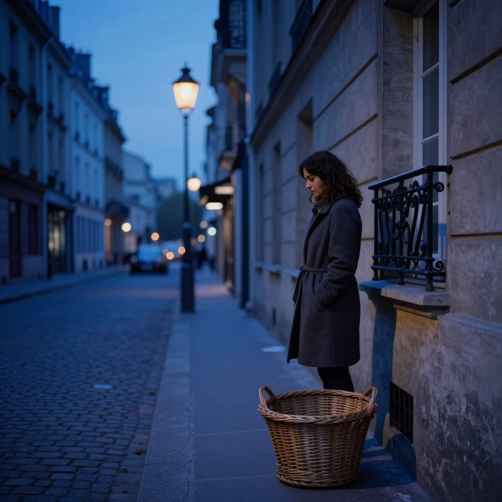 Paris Evening Blue Light Street Scene with Wicker Hamper and Ceramic Pitcher on Cobblestone in in Paris, France