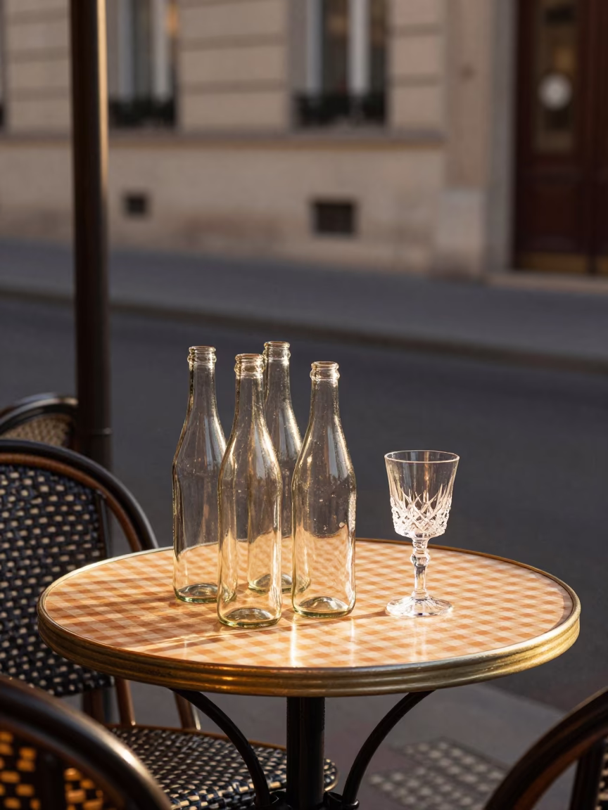 Paris Evening Dining Terrace with Glass Bottles and Goblet in Honeyed Light in in Paris, France