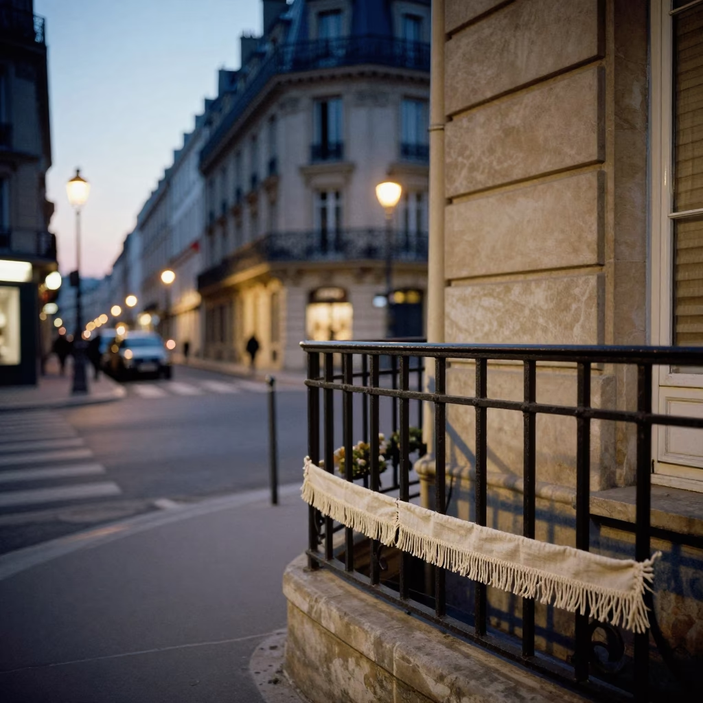 Paris Evening Street Scene with Linen Fringe Detail and City Lights in in Paris, France