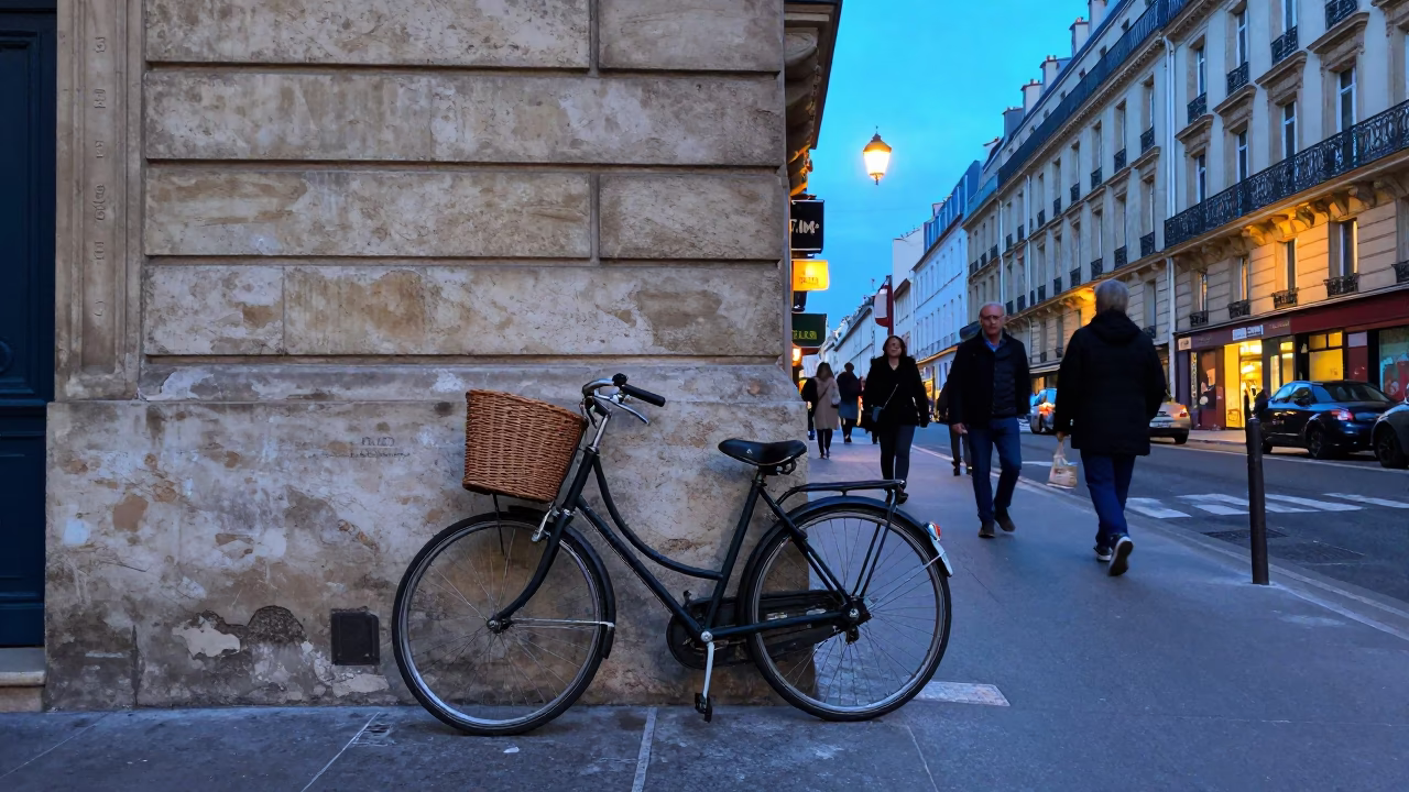 Paris Evening Street Scene with Vintage Bicycle and Colorful Market Goods in in Paris, France
