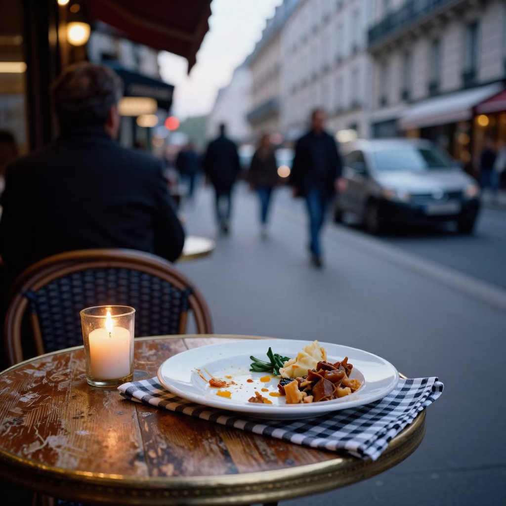 Paris Evening Street Scene with Vintage Taper Candle and Twine Basket in in Paris, France