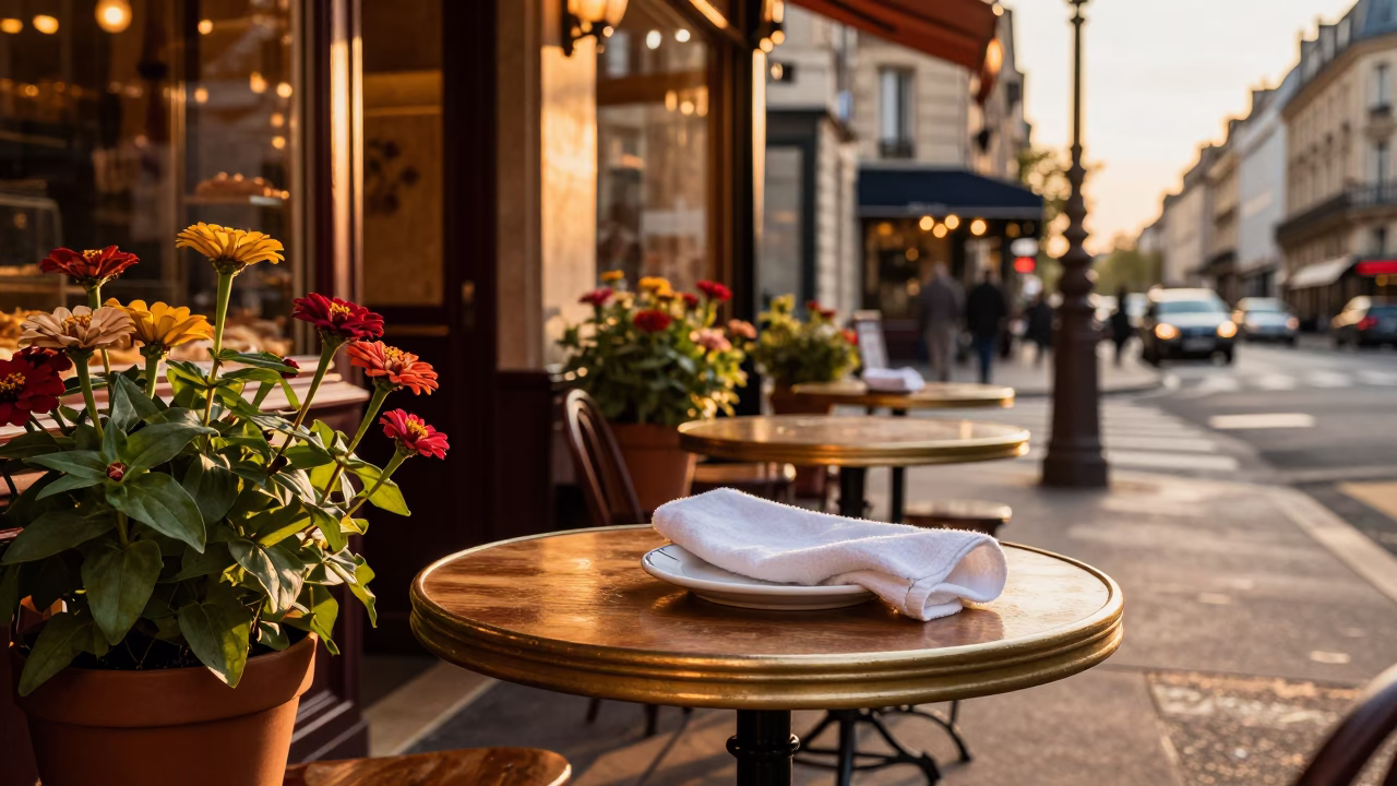 Paris Evening Street Scene with Zinnias and Local Bakery Display in Honeyed Light in in Paris, France