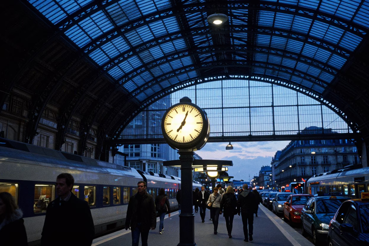 Paris Evening Twilight Train Station Clock Taxi Rank Bustle in in Paris, France
