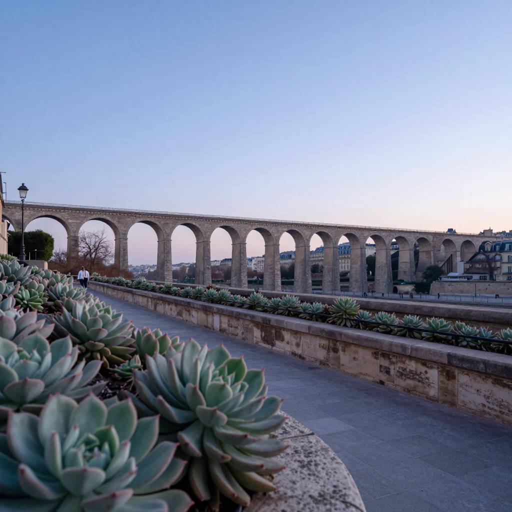 Paris France at Nautical Dawn with Stone Viaduct and Terrace Succulents in in Paris, France