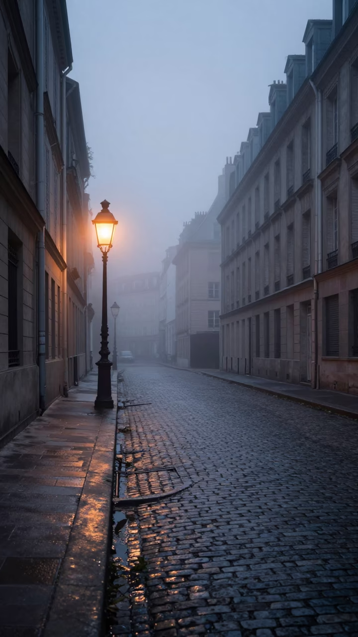 Paris France Before Sunrise Street Scene with Lantern and Quiet Morning Atmosphere in in Paris, France