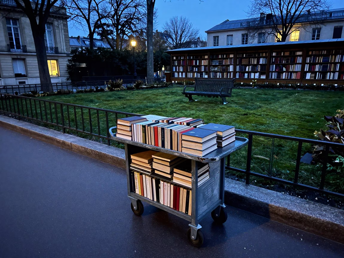 Paris France Blue Hour Street Scene with Library Cart and Moss Garden in in Paris, France