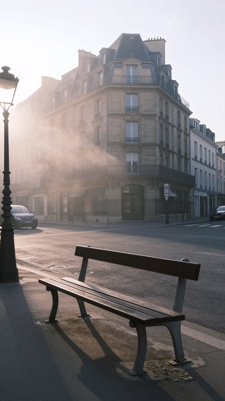 Paris France dawn light steam haze above bench slat in historic city street in in Paris, France