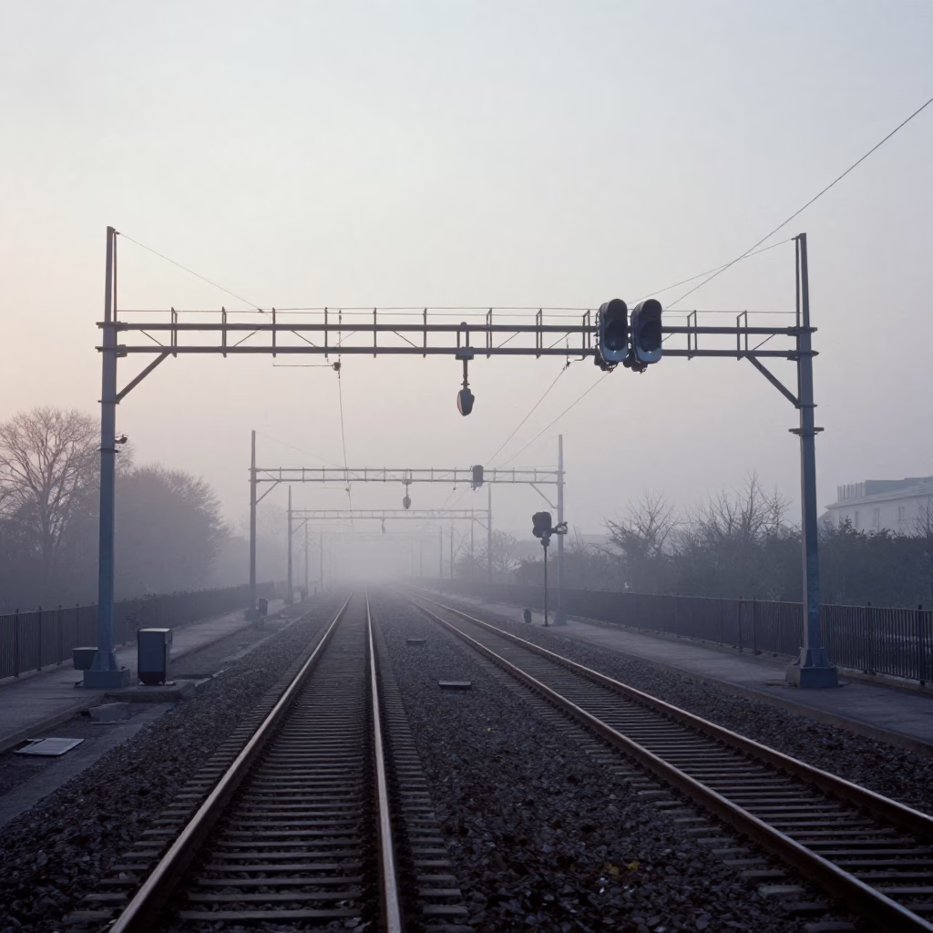 Paris France Dawn Signal Gantry Above Parallel Rail Lines Misty Street Photography in in Paris, France
