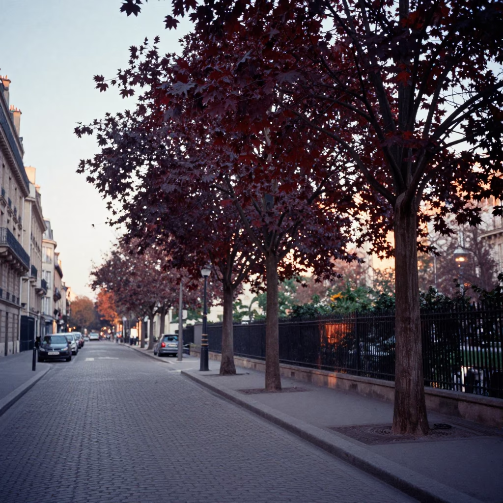 Paris France Dawn Street Scene Copper Beech Tree Parkland First Light in in Paris, France