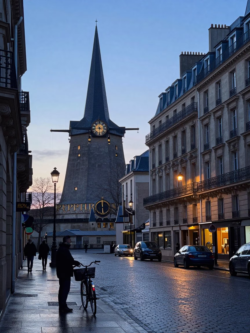 Paris France Dawn Street Scene with Pepper Mill and Library Cart in in Paris, France