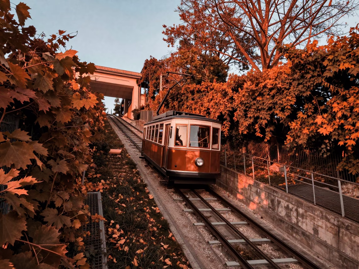 Paris France Dusk Copper Light Funicular Hill Autumn Vines Street Scene in in Paris, France