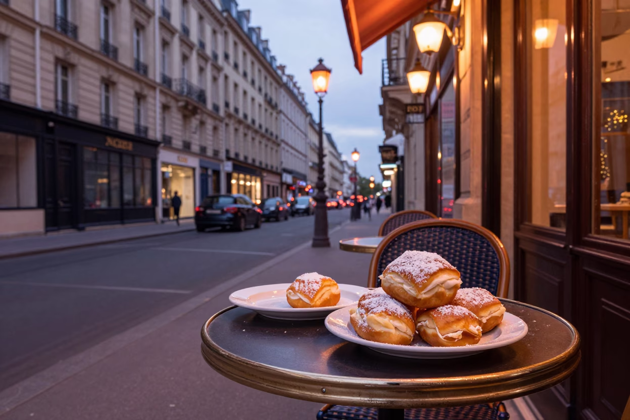 Paris France Dusk Street Scene with Copper Light and Traditional Cafe Details in in Paris, France
