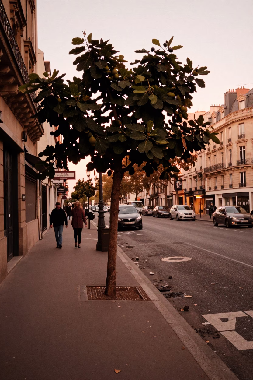 Paris France Dusk Street Scene with Fig Tree and Black Cat Near Eiffel Tower in in Paris, France
