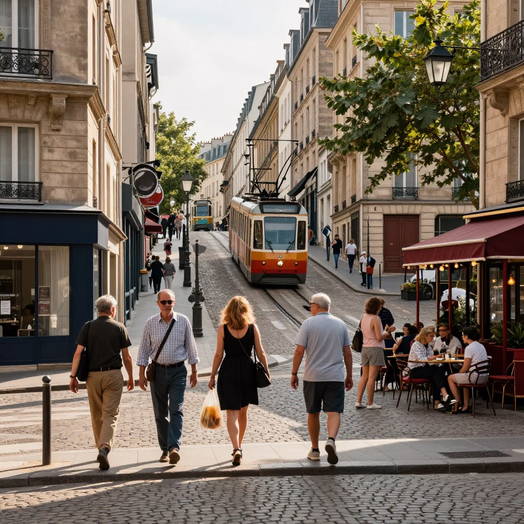 Paris France Early Afternoon Street Scene with Funicular and Local Life in in Paris, France