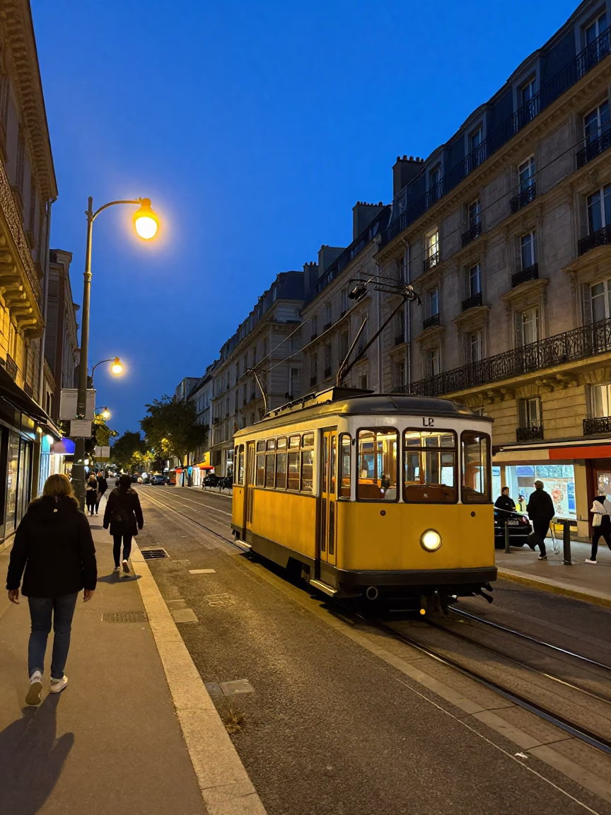 Paris France Evening Street Scene with Funicular Climbing Hill and City Lights in in Paris, France