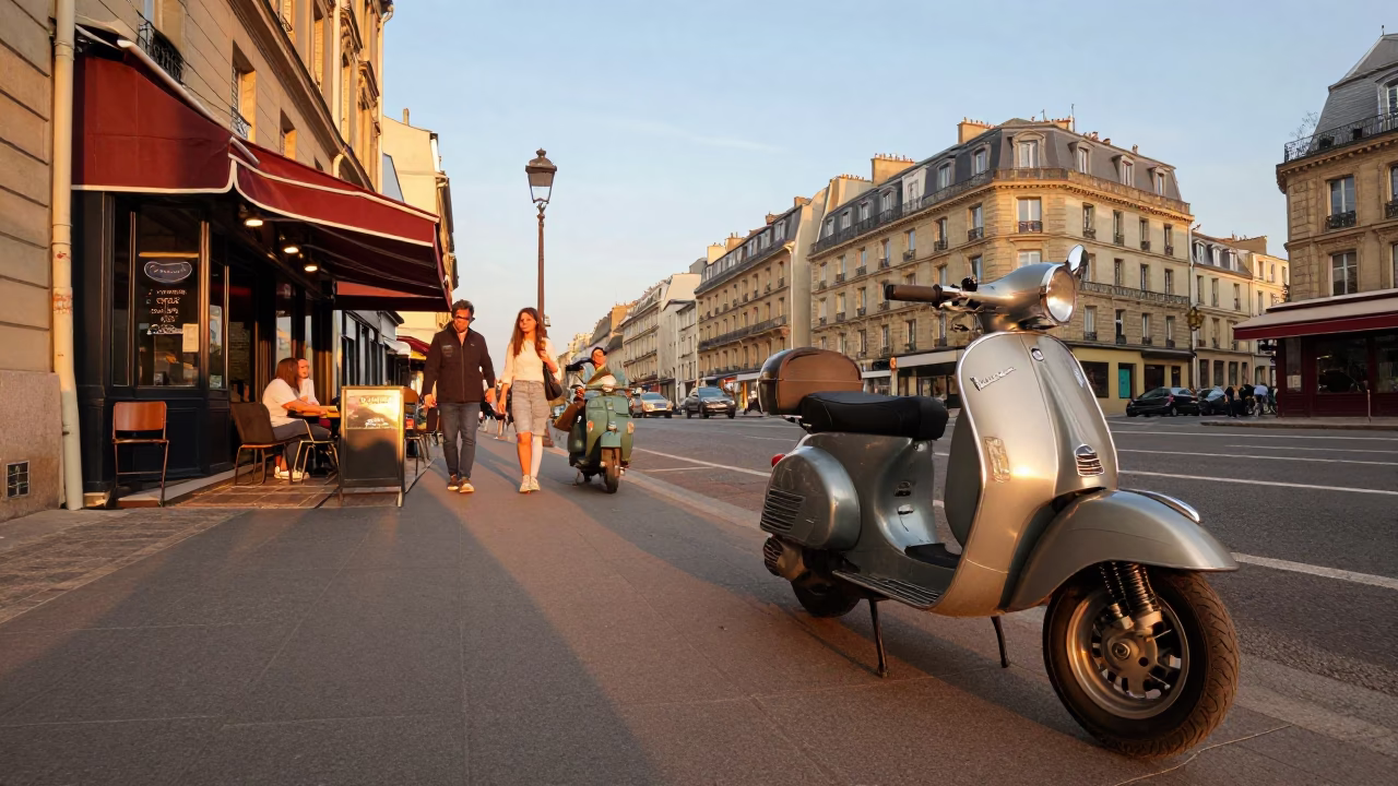 Paris France Honeyed Evening Light Street Scene with Vintage Scooter and Peonies in in Paris, France