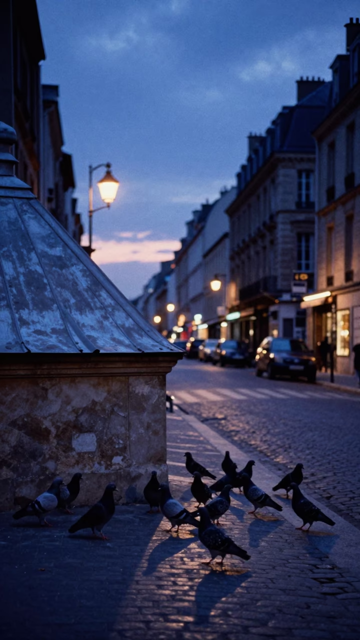 Paris France Indigo Twilight Street Scene with Pigeons and Classic Haussmann Architecture in in Paris, France