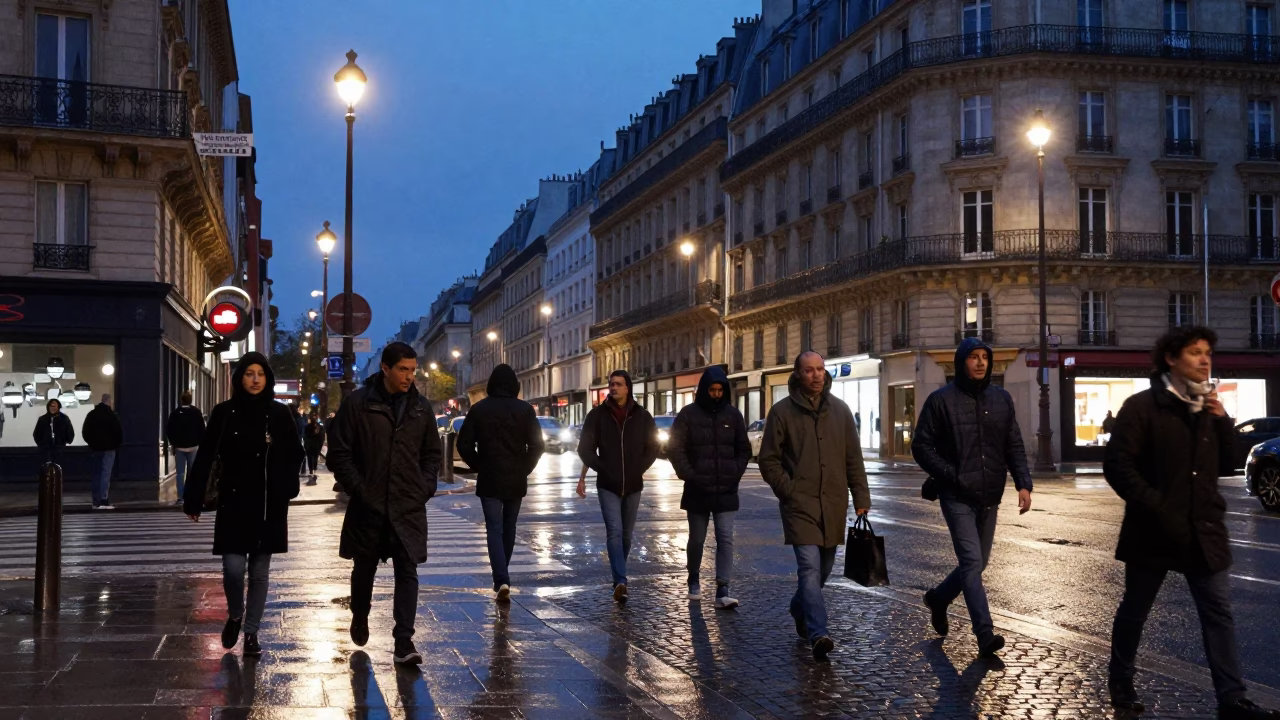Paris France indigo twilight street scene with raincoats and urban life in in Paris, France