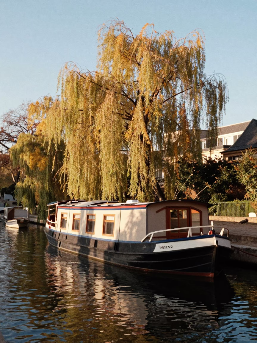 Paris France Late Afternoon Canal Scene With Houseboat And Autumn Willows Under Clear Sky in in Paris, France