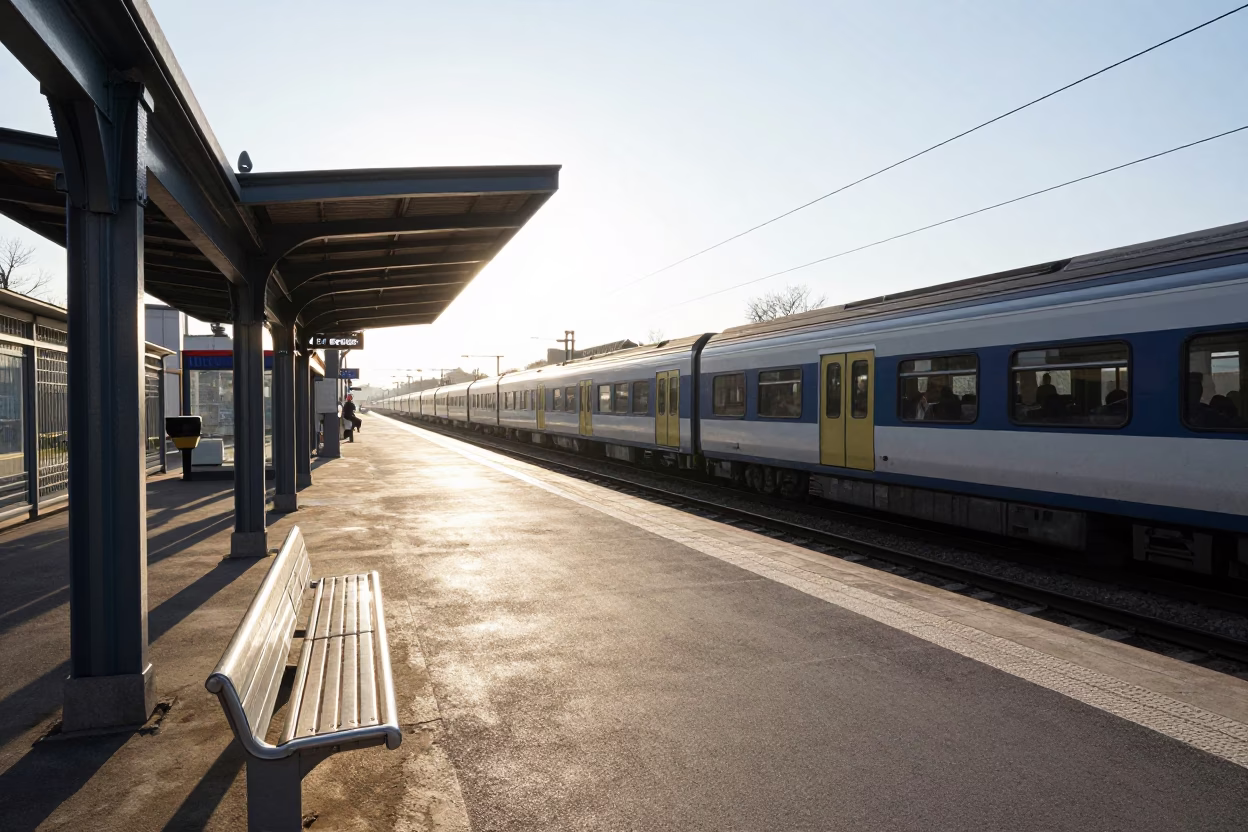Paris France Late Afternoon Sunlight Striking Commuter Train Platform and Street Furniture in in Paris, France