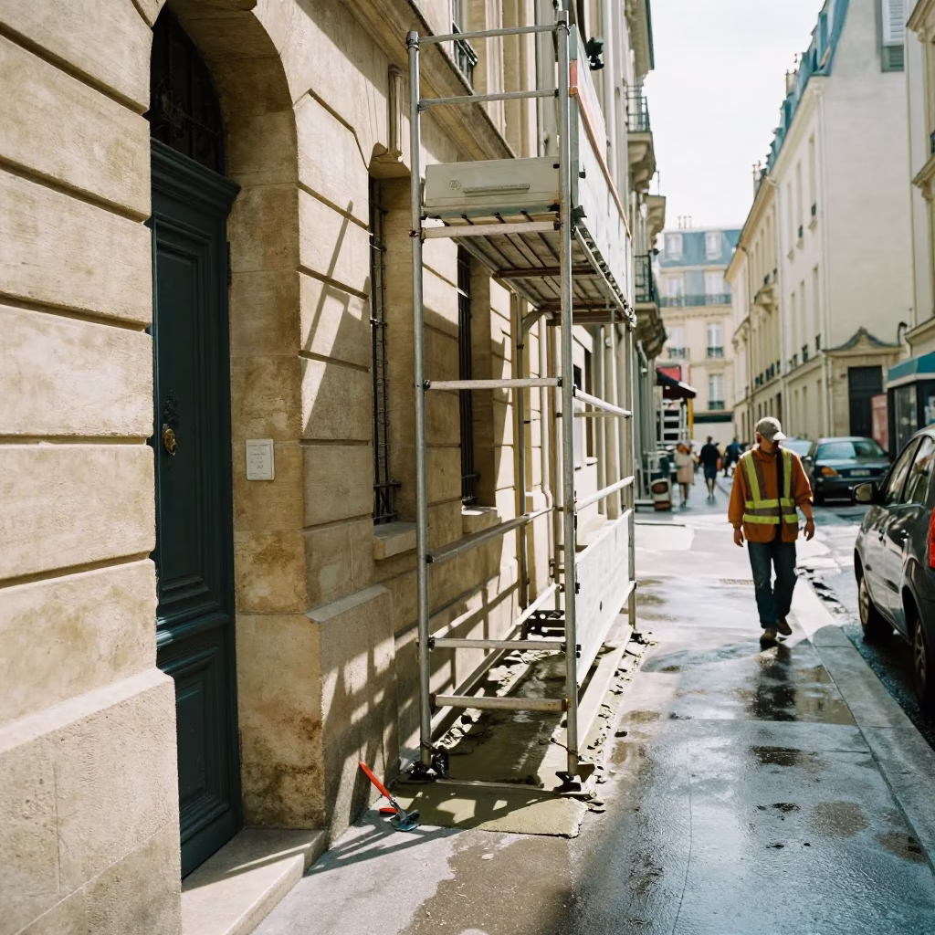 Paris France Midday Street Scene with Construction Scaffold and Wet Mortar Trowel in in Paris, France